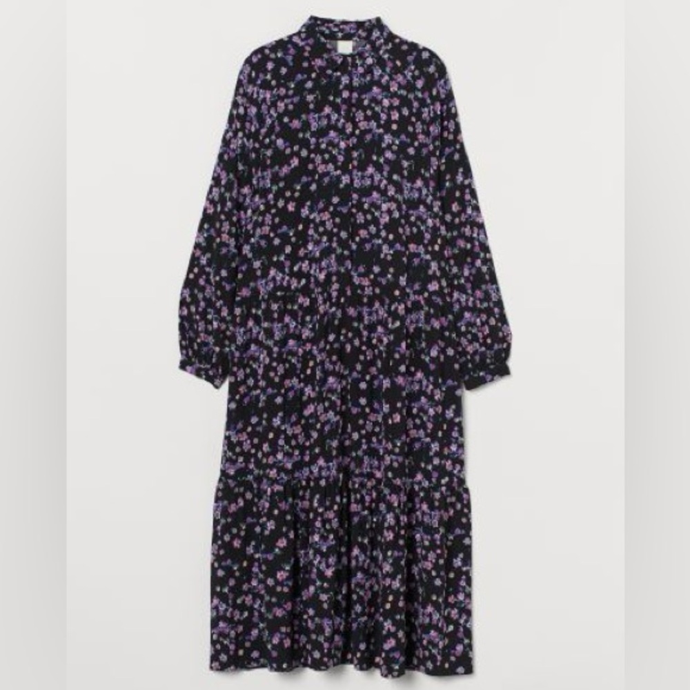 H&M Black Floral Midi Dress with Purple Print